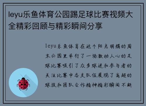 leyu乐鱼体育公园踢足球比赛视频大全精彩回顾与精彩瞬间分享